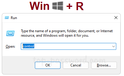 キーボードで Win + R キーを押します。control と入力して Enter キーを押し