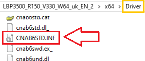展開先のフォルダーを開き、次のファイルがあることを確認します：...\x64\Driver\CNAB6STD.INF