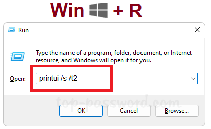 Win+R → printui /s /t2 → Enter