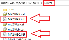 Driver フォルダーには MP240PR.inf と MP240SC.INF の 2 つの主要ファイルがあります。これがプリンターとスキャナーのドライバーです